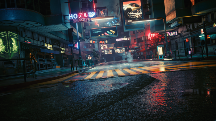 Cyberpunk 2077 street scene with neon lights