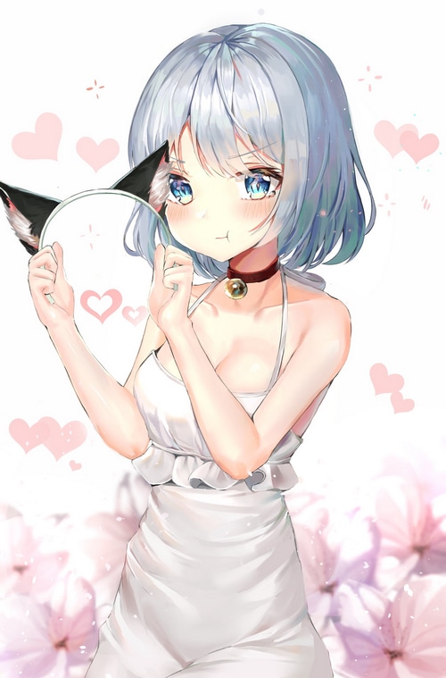 Anime girl with cat ears and white dress