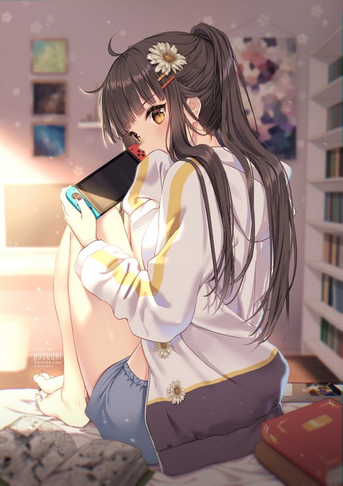 Anime girl playing Nintendo Switch