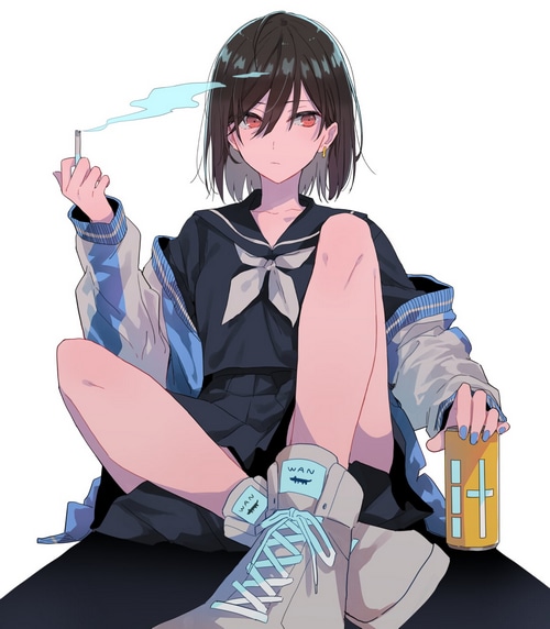 Girl in school uniform smoking and holding a can