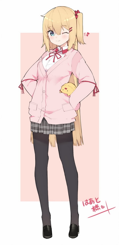 Akai Haato winks with a plush toy in her pocket