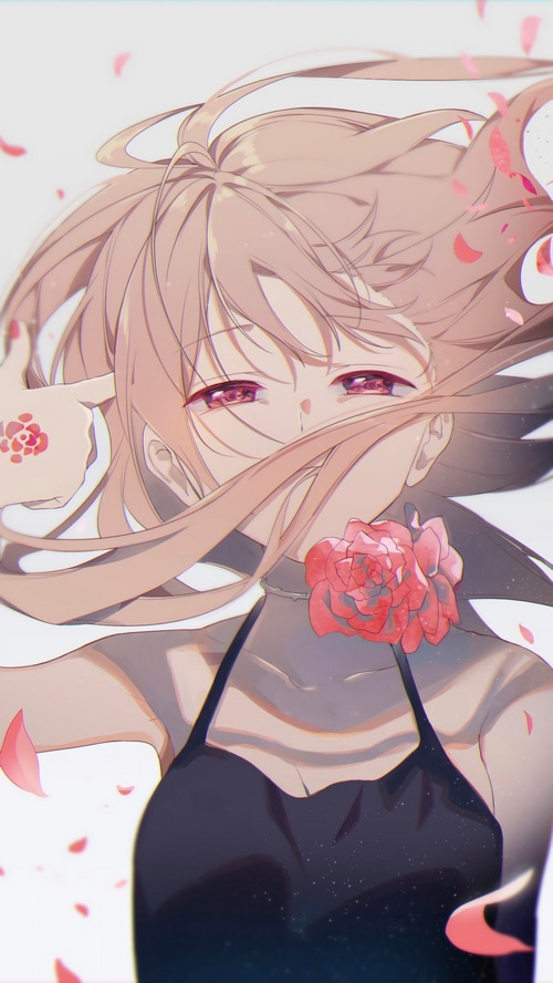 Anime girl with pink hair and red eyes holding a rose