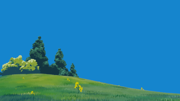 Studio Ghibli style landscape with trees and grass