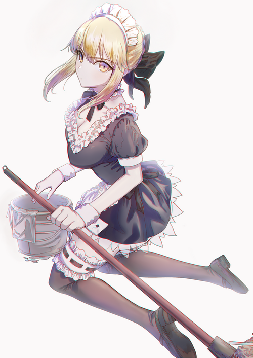 Saber Alter in a Maid Outfit with a Mop