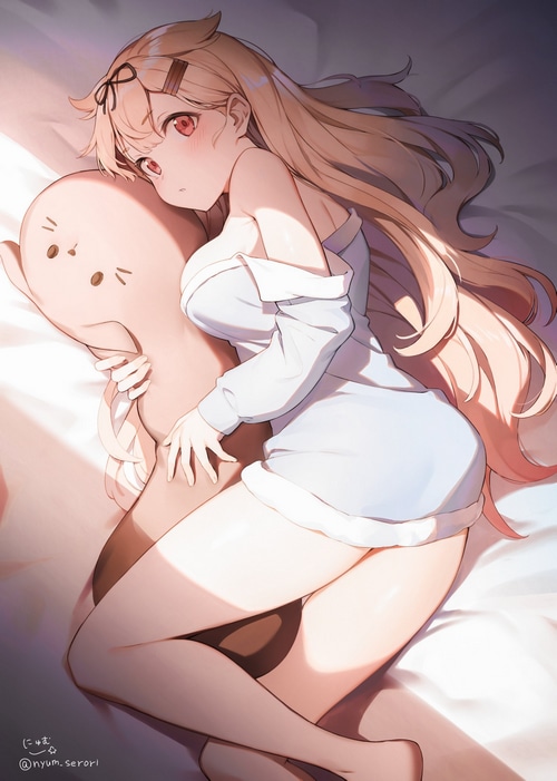 Yuudachi from Kantai Collection hugging a plushie