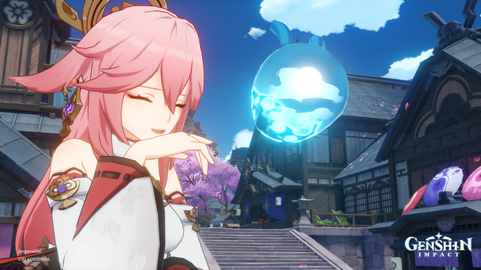 Yae Miko and a blue spirit in Inazuma