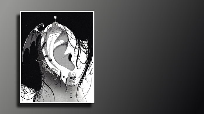 Monochrome manga illustration of a heavily pierced ear