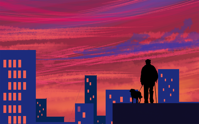 Man and dog on a rooftop at sunset