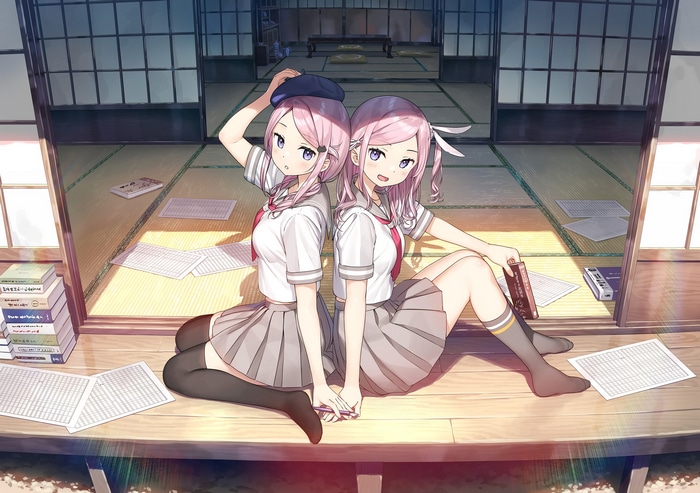 Twins in school uniforms with pink hair