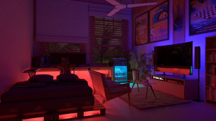 Neon-lit gamer room with bed and TV