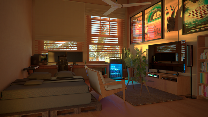 Cozy room with bed, desk, and entertainment center