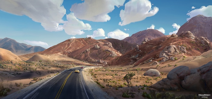 Dreamworks desert landscape with a road and cars