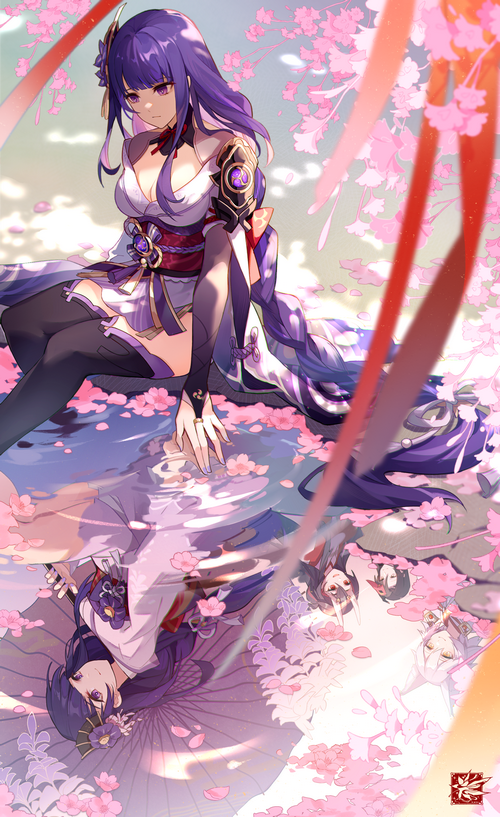 Raiden Shogun and Raiden Makoto with cherry blossoms