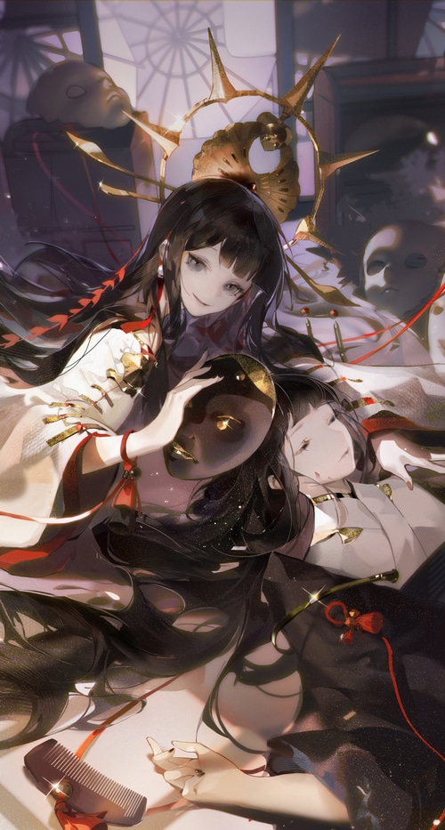 Anime girls with masks and ornate headwear