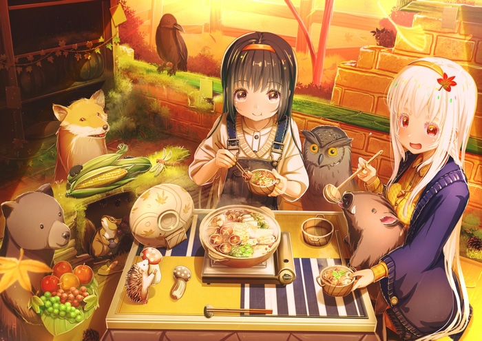 Anime girls cooking with forest animals in autumn