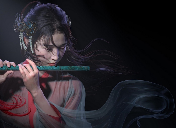 Haidara plays a flute in traditional Asian attire