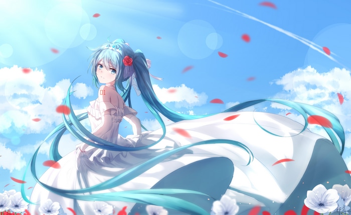 4K Hatsune Miku in a white dress with red rose