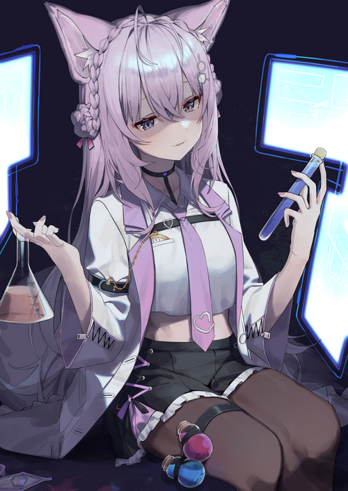 Hakui Koyori in a lab coat holding test tubes