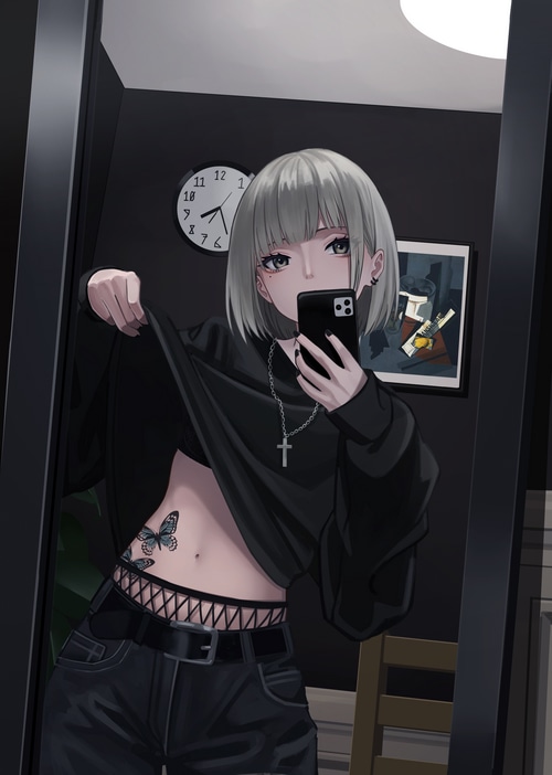 Girl with butterfly tattoo lifting shirt for selfie
