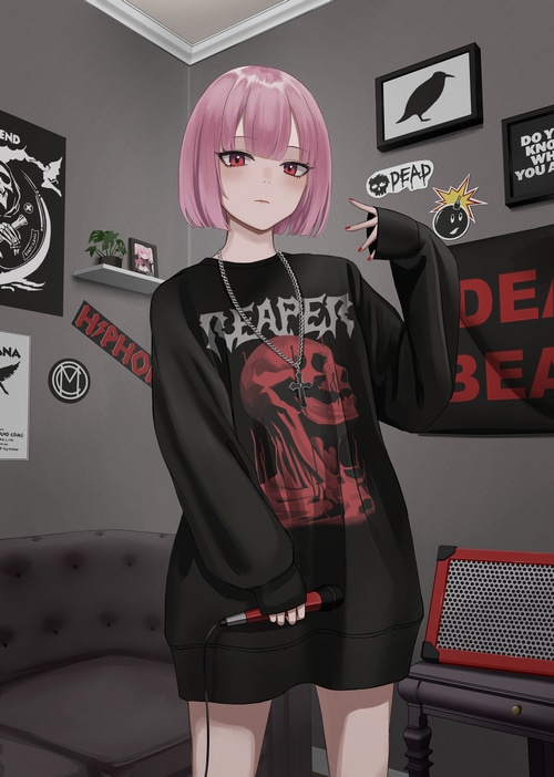 Mori Calliope in a bedroom with posters