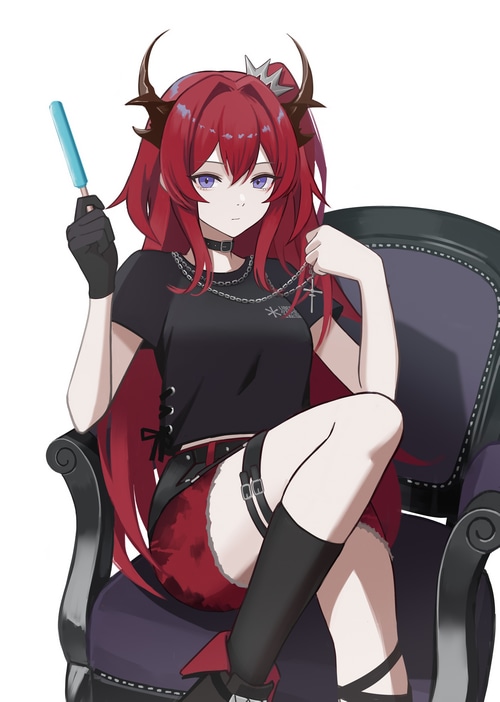 Surtr from Arknights holding a popsicle