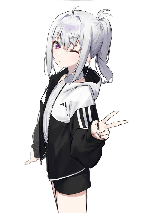 Girl with silver hair and purple eyes doing peace sign