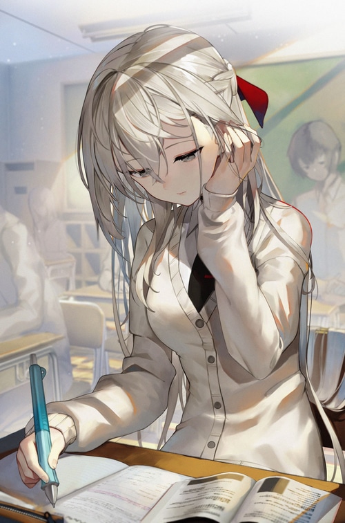 Girl with silver hair in a classroom