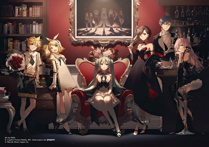 Hatsune Miku and Vocaloid characters in a formal setting