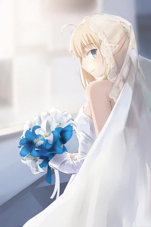 Artoria Pendragon in a Wedding Dress Holding a Bouquet