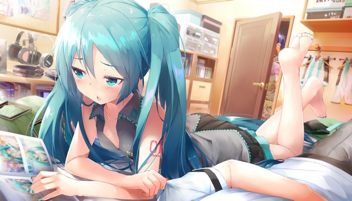Hatsune Miku lying on a bed reading a book