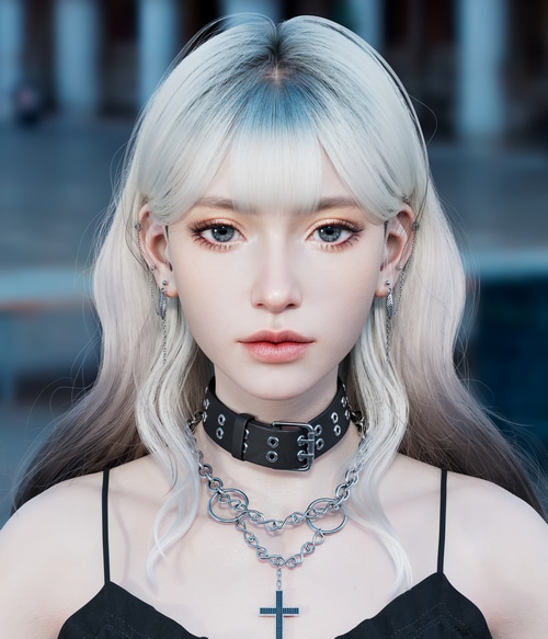 Woman with silver wavy hair and choker necklace