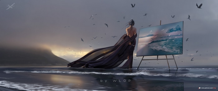 Woman painting a seascape with WLOP