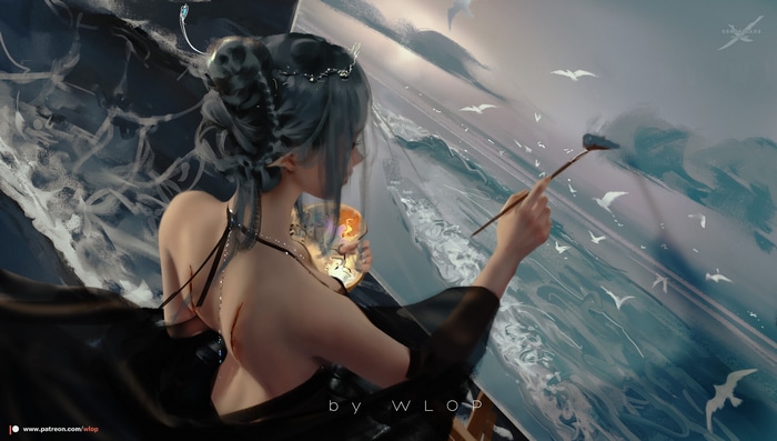 Fantasy girl painting a seascape with seagulls