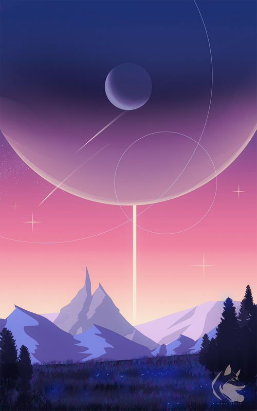 Giant planet over mountains with shooting stars