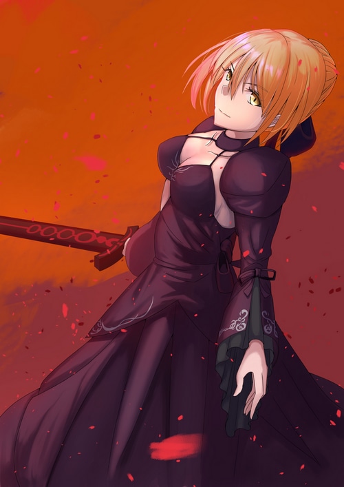 Saber Alter with a sword in a dark dress