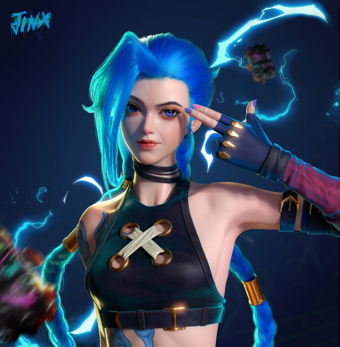 Jinx from League of Legends with blue hair and lightning