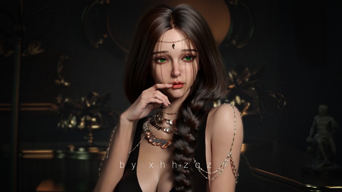 Woman with green eyes and ornate jewelry