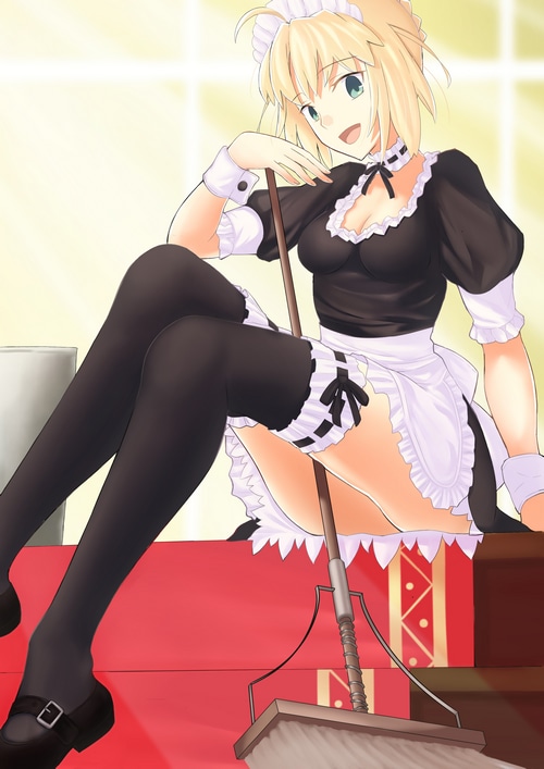 Saber in a Maid Outfit with a Broom