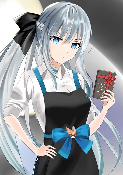 Morgan le Fay from Fate/Grand Order holding a gift