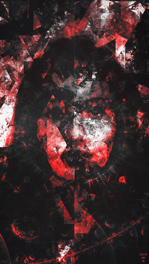 Abstract glitch art face with red and black fragments
