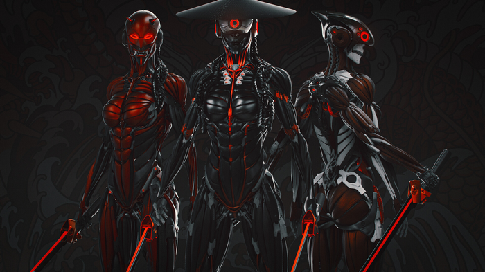 Three cyborgs with swords in cyberpunk style