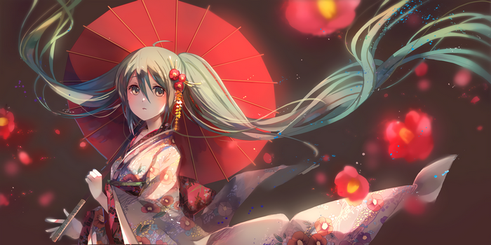 Hatsune Miku in a Kimono with a Red Umbrella