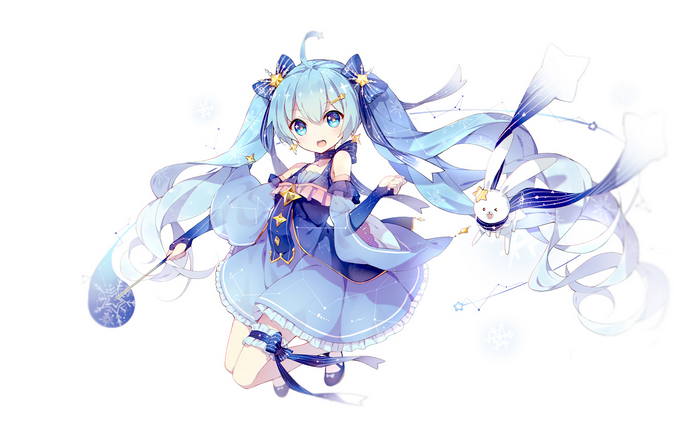 Hatsune Miku in a starry blue dress with a bunny companion
