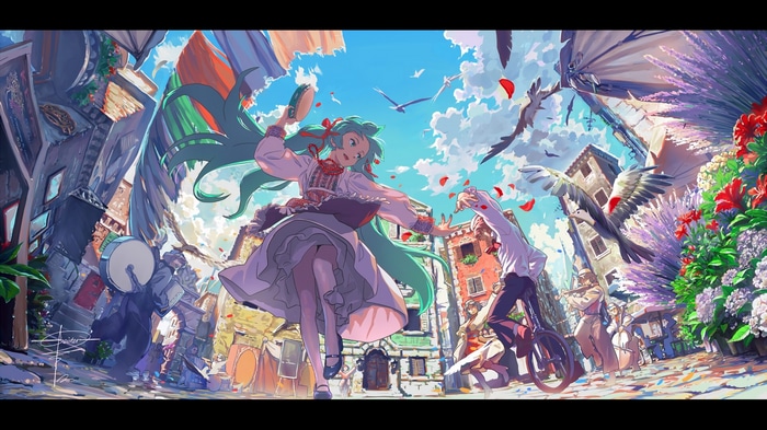 Hatsune Miku dancing in a Venetian street with birds