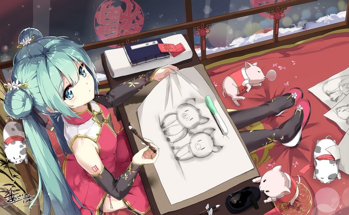 Hatsune Miku drawing pigs in traditional Chinese attire