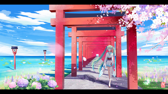 Hatsune Miku walks through a torii gate path by the sea