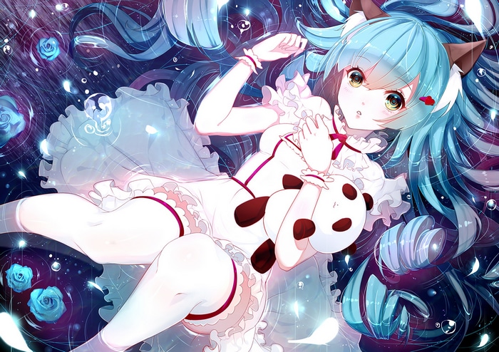 Anime girl with blue hair and cat ears holding a panda plush
