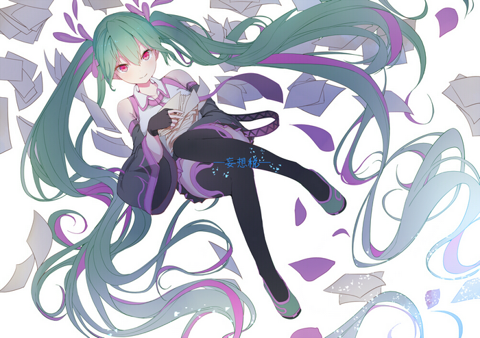 Hatsune Miku floating among papers and purple petals