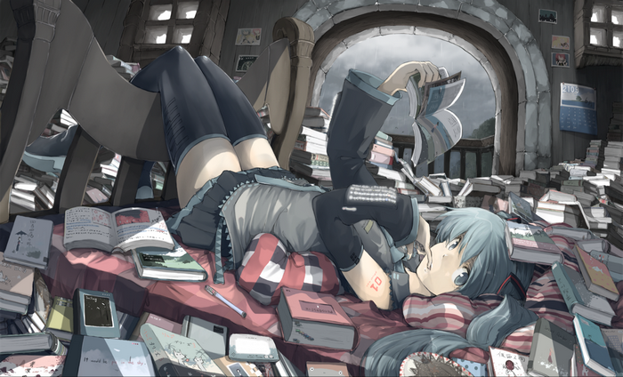 Hatsune Miku surrounded by books in a room