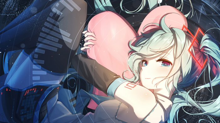 Hatsune Miku holding a pink pillow